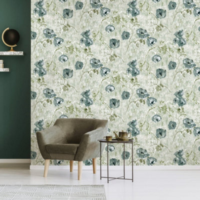 Galerie Julie Feels Home Green Large Petunia Shimmery Flowers Wallpaper Roll from B&Q