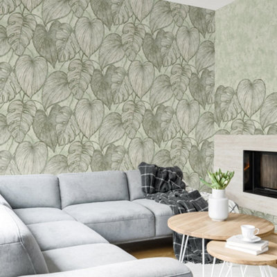 Galerie Julie Feels Home Green Large Shimmery Monstera Leaf Wallpaper Roll from B&Q