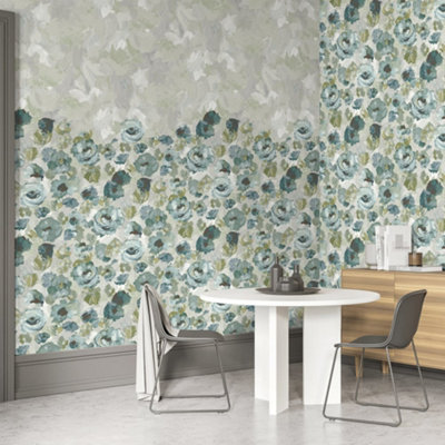 Galerie Julie Feels Home Silver Large Paeonia Flowers And Plain Twinwall 4-Panel Wall Mural from B&Q