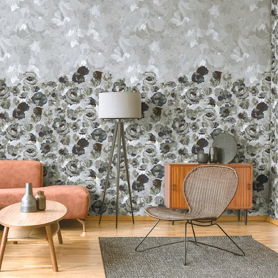 Galerie Julie Feels Home Grey Large Paeonia Flowers And Plain Twinwall 4-Panel Wall Mural from B&Q