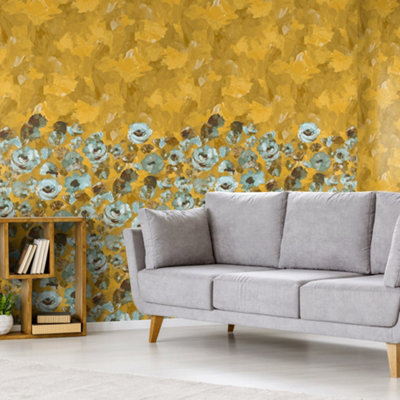 Galerie Julie Feels Home Gold Large Paeonia Flowers And Plain Twinwall 4-Panel Wall Mural from B&Q