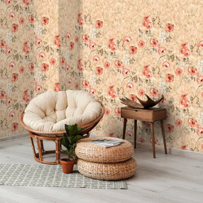Galerie Julie Feels Home Orange Large Petunia Flowers And Plain Twinwall 4-Panel Wall Mural from B&Q