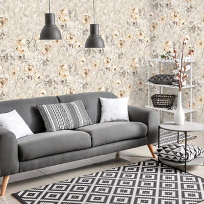Galerie Julie Feels Home Silver Large Petunia Flowers And Plain Twinwall 4-Panel Wall Mural from B&Q