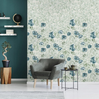 Galerie Julie Feels Home Green Large Petunia Flowers And Plain Twinwall 4-Panel Wall Mural from B&Q