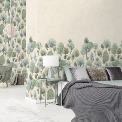Galerie Julie Feels Home Green Large Tilia Trees And Plain Twinwall 4-Panel Wall Mural from B&Q