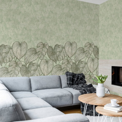 Galerie Julie Feels Home Green Large Monstera Leaf And Plain Twinwall 4-Panel Wall Mural from B&Q