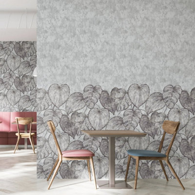 Galerie Julie Feels Home Silver Large Monstera Leaf And Plain Twinwall 4-Panel Wall Mural from B&Q