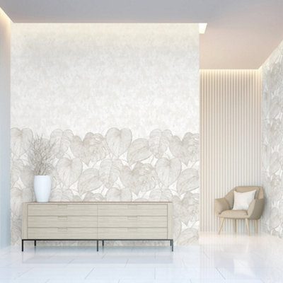 Galerie Julie Feels Home White Large Monstera Leaf And Plain Twinwall 4-Panel Wall Mural from B&Q