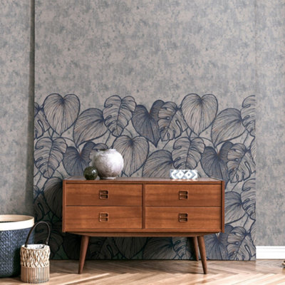 Galerie Julie Feels Home Blue Large Monstera Leaf And Plain Twinwall 4-Panel Wall Mural from B&Q