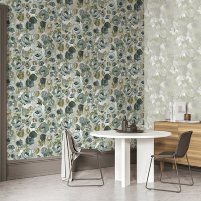 Galerie Julie Feels Home Green Large Paeonia Shimmery Flowers Wallpaper Roll from B&Q