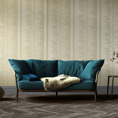 Galerie Slow Living Ochre Gold Passion Leaf Stripe 3D Embossed Glitter Wallpaper Roll from B&Q
