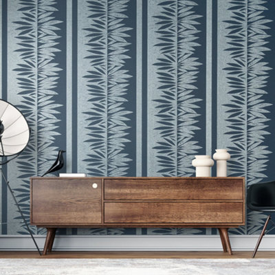 Galerie Slow Living Night Blue Passion Leaf Stripe 3D Embossed Glitter Wallpaper Roll from B&Q