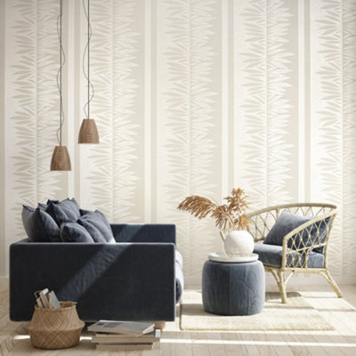 Galerie Slow Living Linen White Passion Leaf Stripe 3D Embossed Glitter Wallpaper Roll from B&Q