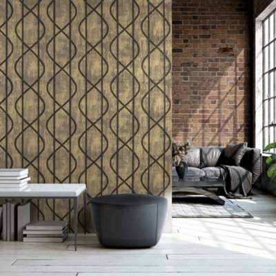 Galerie Universe Umber Brown Saturn Glass Stone Geometic Lines Wallpaper Roll from B&Q