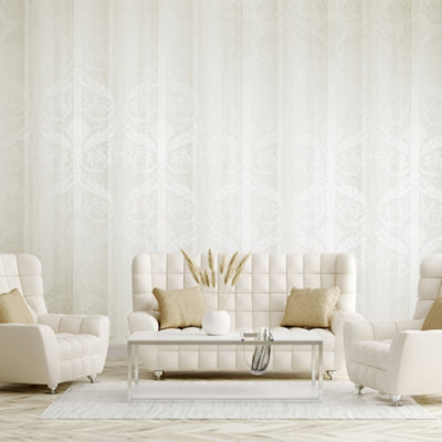 Galerie Adonea Nerites Antique White Metallic Damask Stripe Smooth Wallpaper Roll from B&Q