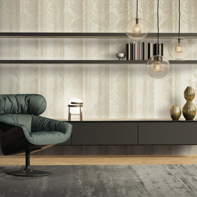 Galerie Adonea Nerites Warm Grey Metallic Damask Stripe Smooth Wallpaper Roll from B&Q