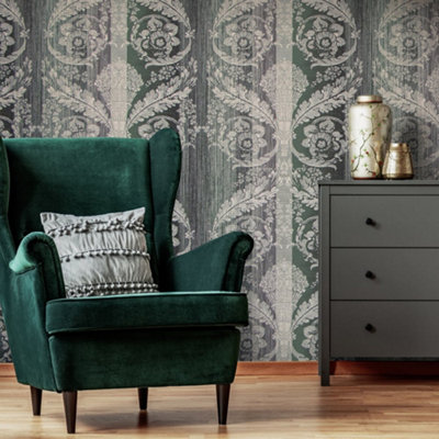 Galerie Adonea Nerites Woody Green Metallic Damask Stripe Smooth Wallpaper Roll from B&Q