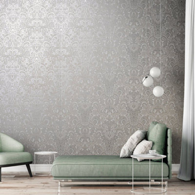 Galerie Adonea Ares Stone Grey Metallic Damask 3D Embossed Wallpaper Roll from B&Q
