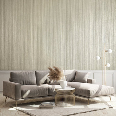 Galerie Universe Sand Beige Jupiter Metallic Stripe Wallpaper Roll from B&Q
