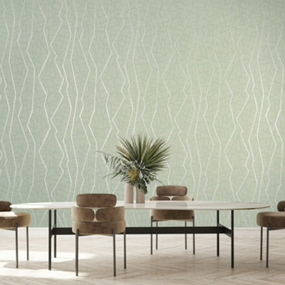 Galerie Slow Living Wasabi Green Connection Metallic Geometric Lines Wallpaper Roll from B&Q