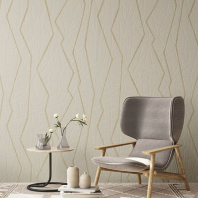 Galerie Slow Living Sand Gold Connection Metallic Geometric Lines Wallpaper Roll from B&Q