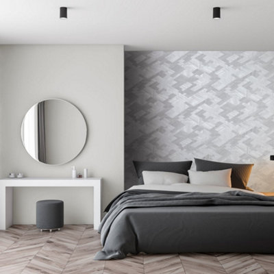 Galerie Slow Living Ivory White Ralph Abstract Geometric Metallic Wallpaper Roll from B&Q