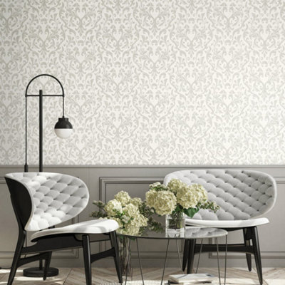 Galerie Urban Classics White Notting Hill Metallic Loft Damask Wallpaper Roll from B&Q