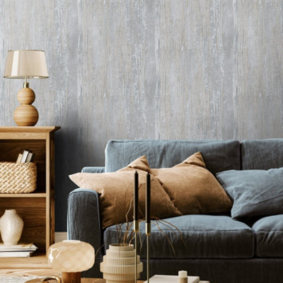 Galerie Feel Beige Metallic Wooden Plank Wallpaper Roll from B&Q