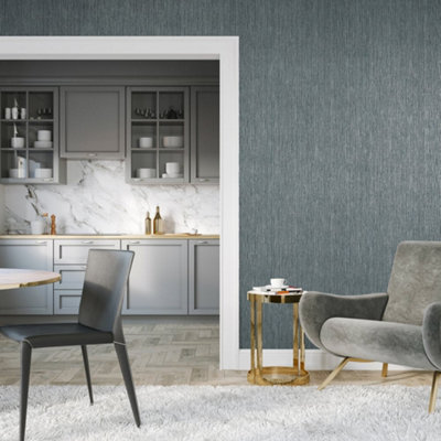 Galerie Feel Blue Metallic Curtain Stripe Wallpaper Roll from B&Q