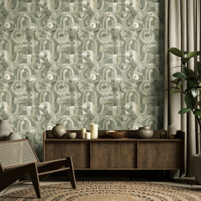 Galerie Salt Penello Sage Sheen Brush Dance Design Wallpaper Roll from B&Q