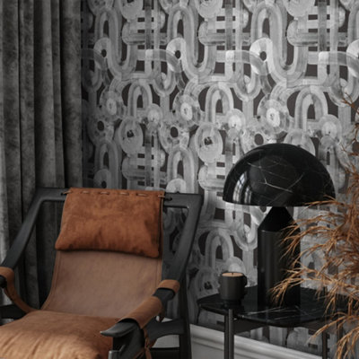 Galerie Salt Penello Black Cumin Sheen Brush Dance Design Wallpaper Roll from B&Q