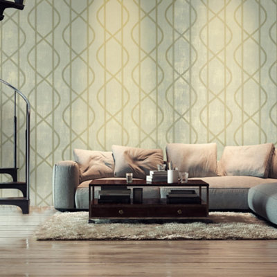Galerie Universe Sage Green Venus Glass Stone Geometric Wave Wallpaper Roll from B&Q