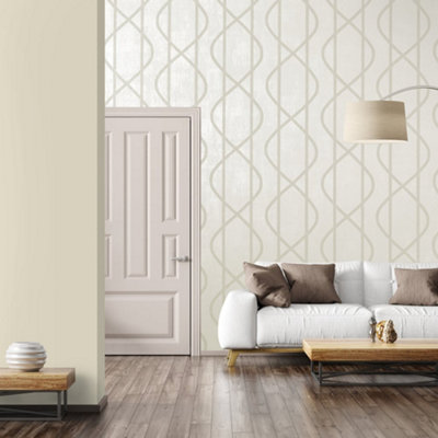 Galerie Universe Oat Beige Saturn Glass Stone Geometic Lines Wallpaper Roll from B&Q