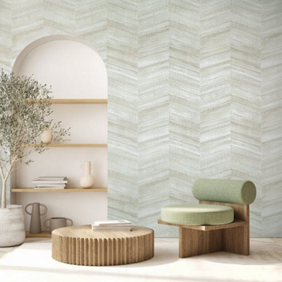 Galerie Salt Vetro Sage Glass Beads Chevron Design Wallpaper Roll from B&Q