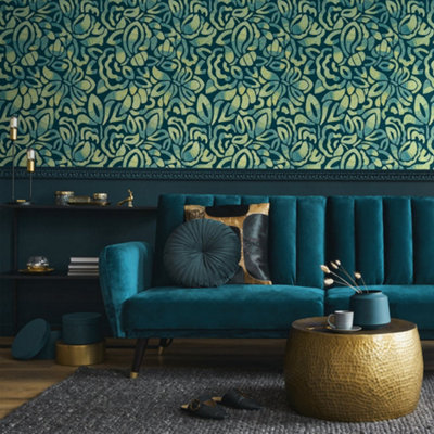 Galerie Pepper Lana Green Flocked Fabric Brussels Floral Lace Wallpaper from B&Q