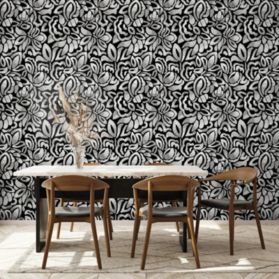 Galerie Pepper Lana Black Flocked Fabric Brussels Floral Lace Wallpaper from B&Q