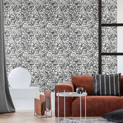 Galerie Pepper Lana Silver Flocked Fabric Brussels Floral Lace Wallpaper from B&Q