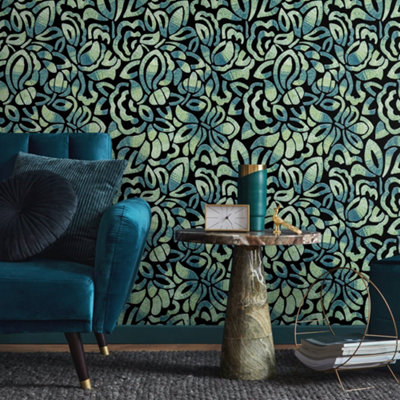 Galerie Pepper Lana Navy Flocked Fabric Brussels Floral Lace Wallpaper from B&Q