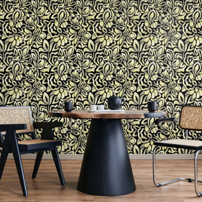 Galerie Pepper Lana Yellow Flocked Fabric Brussels Floral Lace Wallpaper from B&Q
