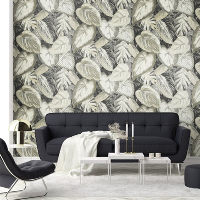 Galerie Pepper Vita Grey Glass Bead Finish Ficus Leaf Wallpaper from B&Q