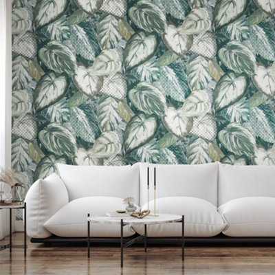 Galerie Pepper Vita Green Glass Bead Finish Ficus Leaf Wallpaper from B&Q