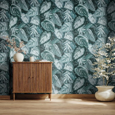 Galerie Pepper Vita Teal Glass Bead Finish Ficus Leaf Wallpaper from B&Q
