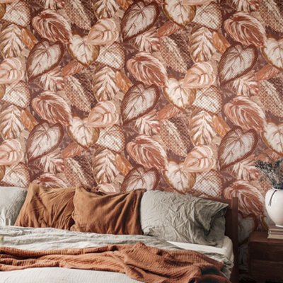 Galerie Pepper Vita Orange Glass Bead Finish Ficus Leaf Wallpaper from B&Q