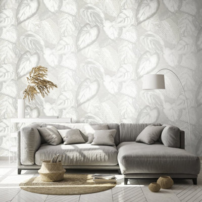 Galerie Pepper Vita Cream Glass Bead Finish Ficus Leaf Wallpaper from B&Q