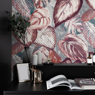 Galerie Pepper Vita Red Glass Bead Finish Ficus Leaf Wallpaper from B&Q