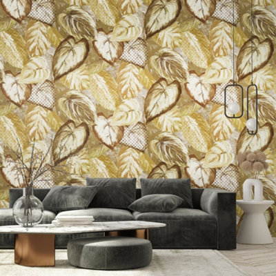 Galerie Pepper Vita Yellow Glass Bead Finish Ficus Leaf Wallpaper from B&Q