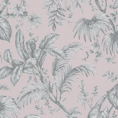 Galerie Paste The Wall Soft Pink And Silver Botanical Wallpaper from B&Q