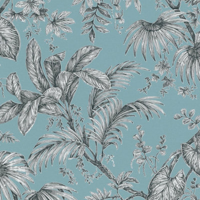 Galerie Paste The Wall Soft Teal And Black Botanical Wallpaper from B&Q