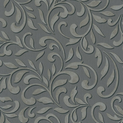 Galerie Paste The Wall Anthracite And Silver Damask Wallpaper from B&Q
