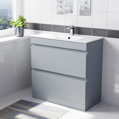 Nes Home Matte Grey 800mm 2 Drawer Vanity Cabinet & Slim Basin Sink Freestanding from B&Q